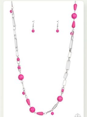 N-58 Silver Chain Necklace & Earring Set with Hot Pink Beads